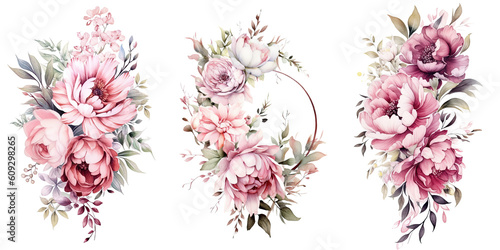 Fototapeta Naklejka Na Ścianę i Meble -  Peonies Watercolor Illustration Beautiful Isolated Flowers Floral Decoration Clip Art Isolated Background for Wedding Baby Shower Invitations Greeting Card