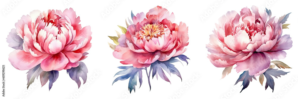 Peonies Watercolor Illustration Beautiful Isolated Flowers Floral Decoration Clip Art Isolated Background for Wedding Baby Shower Invitations Greeting Card