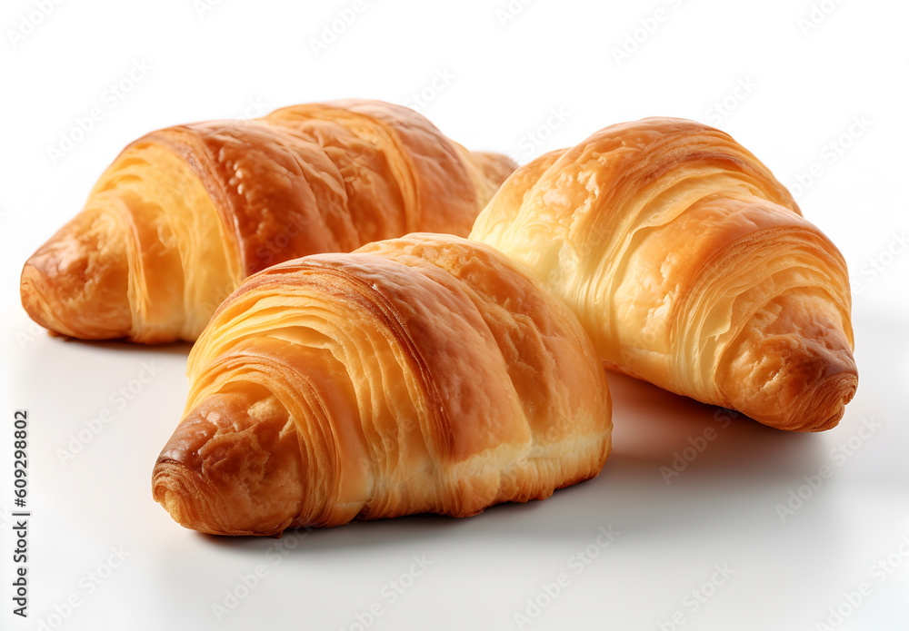 Creative food composition. Beautiful whole croissant isolated on white background. flat lay top view. macro close up