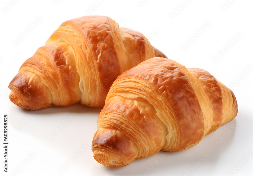 Creative food composition. Beautiful whole croissant isolated on white background. flat lay top view. macro close up