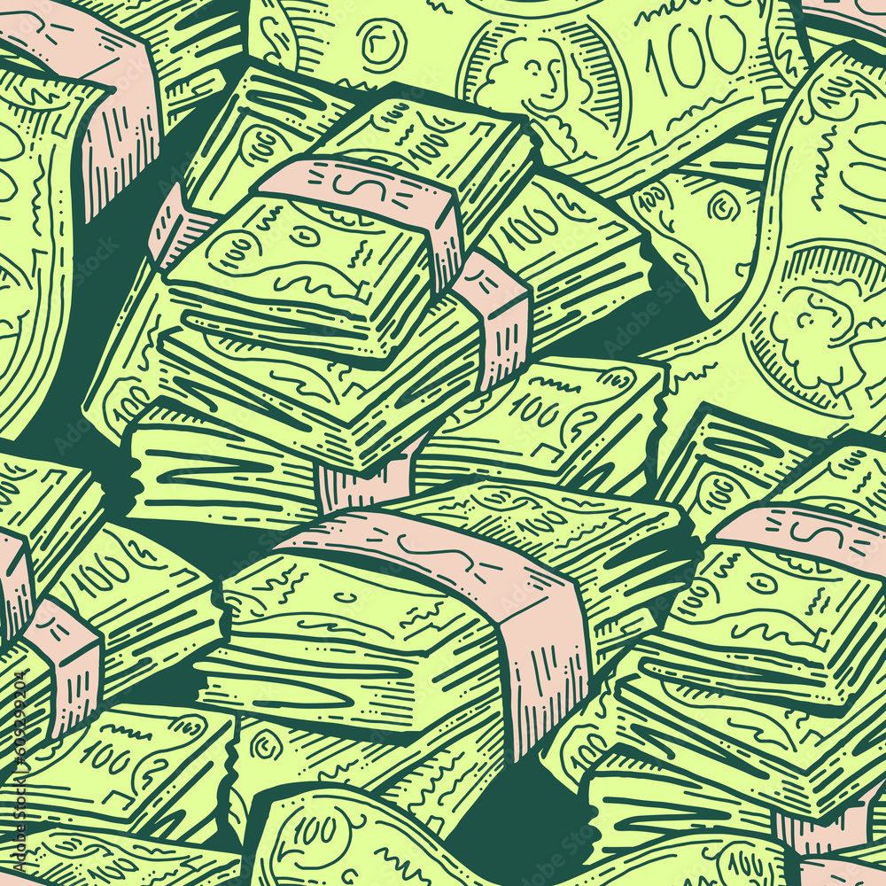 Obraz premium Money seamless pattern background for print design. Hundred dollars banknotes, a lot of cash for finance. economy, business theme for success. Hand drawn line illustration, cartoon style drawing.