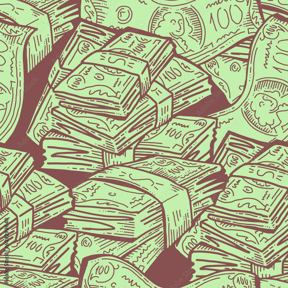 Obraz premium Money seamless pattern background for print design. Hundred dollars banknotes, a lot of cash for finance. economy, business theme for success. Hand drawn line illustration, cartoon style drawing.