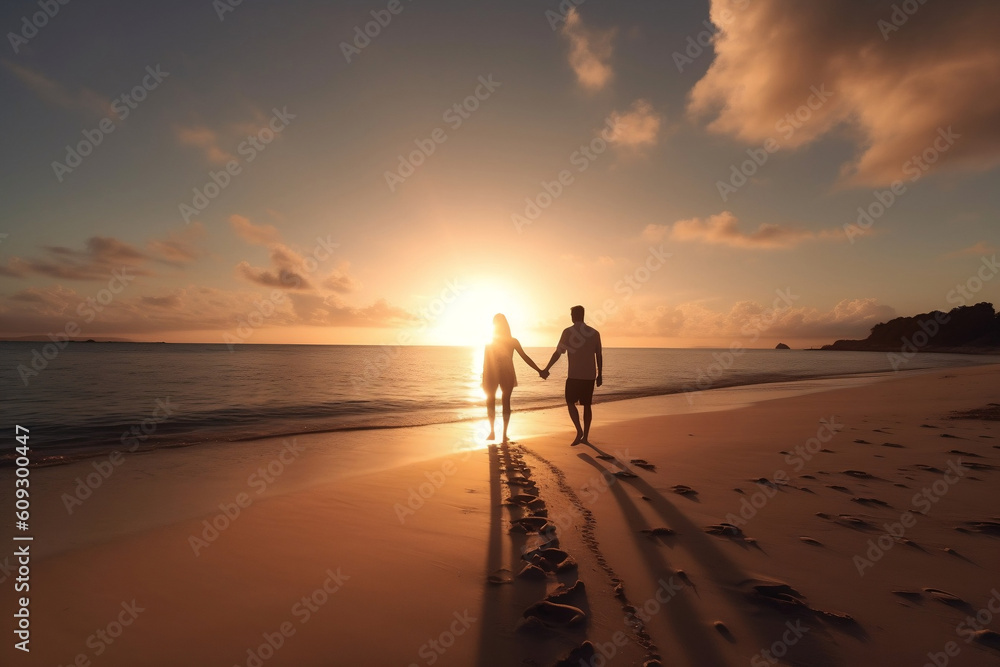 happy romantic couple holding hands at sunset. couple walking on the beach. Generative AI