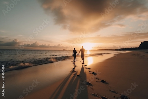 Couple holding hands at sunset. 