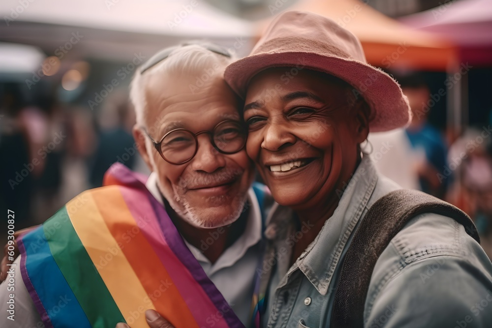 Portrait of smiling senior couple with rainbow flags on the street Portrait of smiling senior couple with rainbow flags on the street