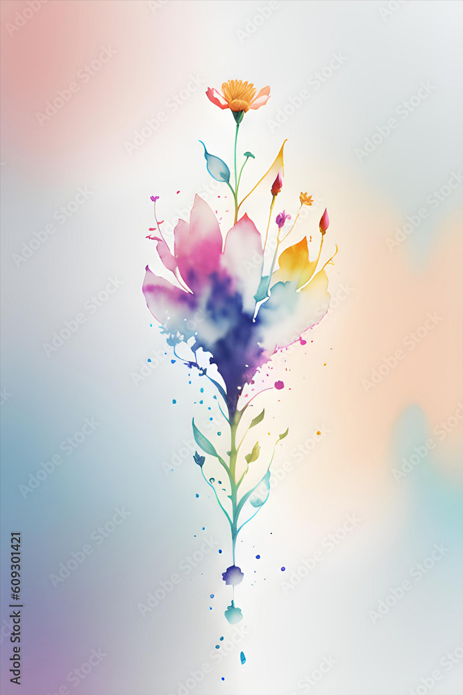abstract watercolor flowers with color background. AI generated illustration.
