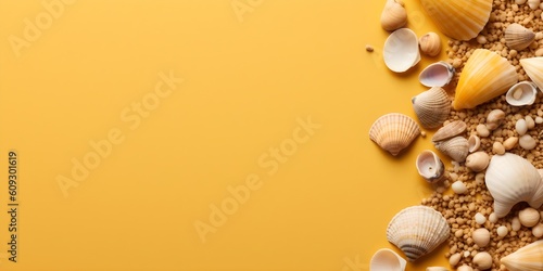 Sea shells on a orange background with copyspace
