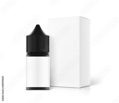 Black bottle with box mockup. Vector illustration isolated on white background. Can be used to present cigarette liquid, medical and other needs. EPS10.	
