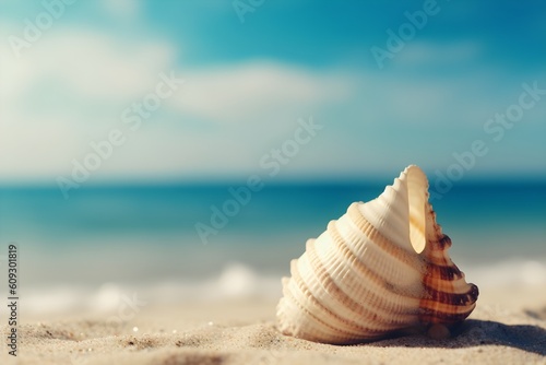 Seashell on a sandy beach with a blue sky in the background