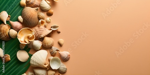 Seashells and palm leaf on color background with copyspace