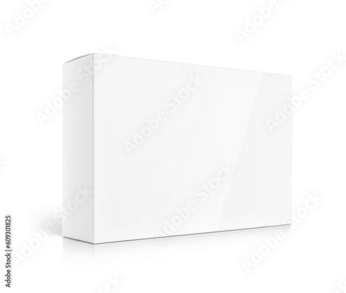 Realistic cardboard box mockup. Vector illustration isolated on white background. Half side view. Can be use for food, cosmetic, pharmacy, sport and etc. Ready for your design. EPS10.	