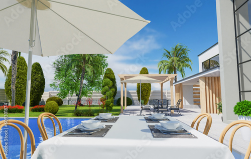 real estate luxury exterior design pool villa with interior design living room home, house ,sun bed.3d rendering.
