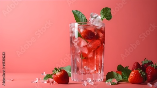 Strawberry mojito cocktail with mint and ice on pink background