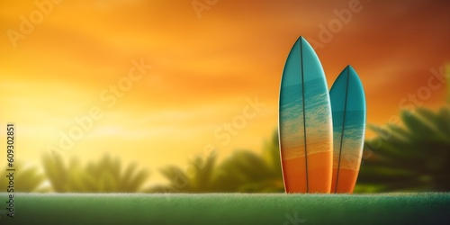 Surfboard on orange background with copy space photo