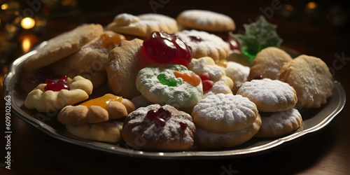 A close-up of a plate of freshly baked Christmas cookies two generative AI