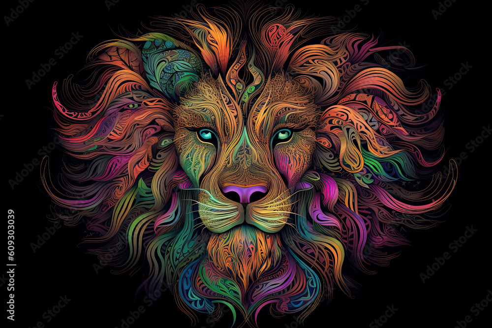 Animal illustration of a lion face with fractal neon pop style.AI Generative