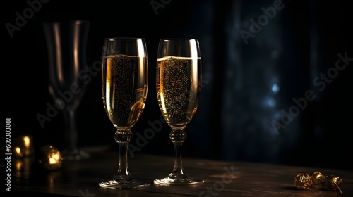 Two glasses of champagne on a dark background