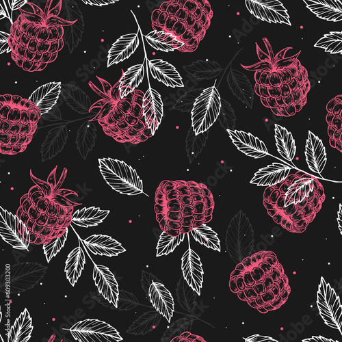 Seamless pattern with raspberries and raspberry leaves. Hand drawn sketch. Black and white style illustration. Vector illustration.