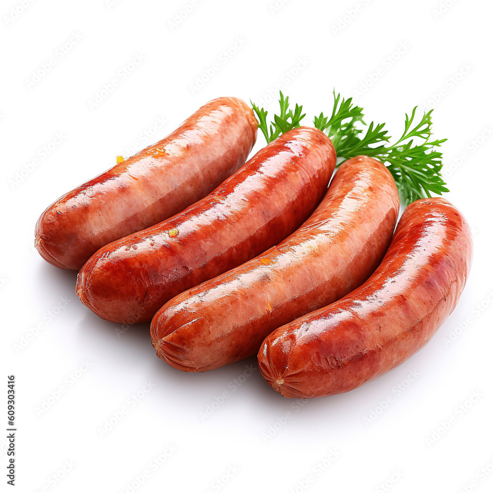 Sausages on white background. Generative AI Sausages on white background. Generative AI