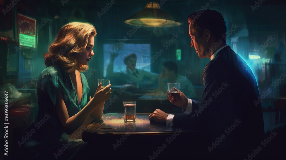 Couple having a date in a bar. Man and woman in a pub. This illustration is created by Generative AI