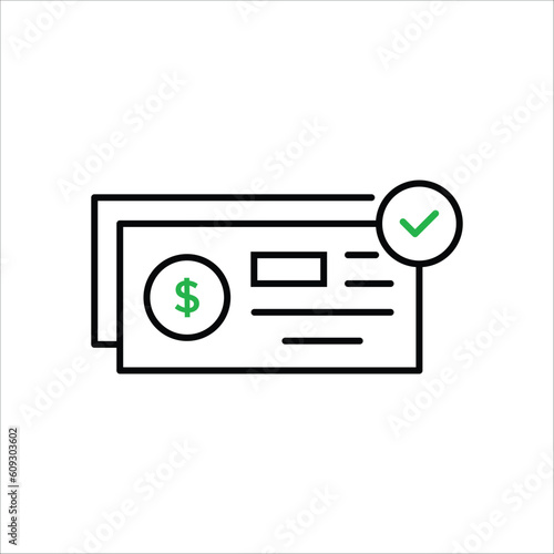 linear bank check icon like payment. flat contour style trend logotype graphic design isolated on white background. concept of abstract banking checkbook template or chequebook and financial transfers photo