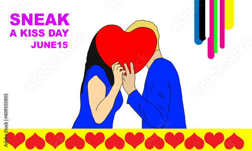 a couple wearing blue clothes of the same color are kissing behind pillows in the shape of love commemorating Sneak a Kiss Day June 15
