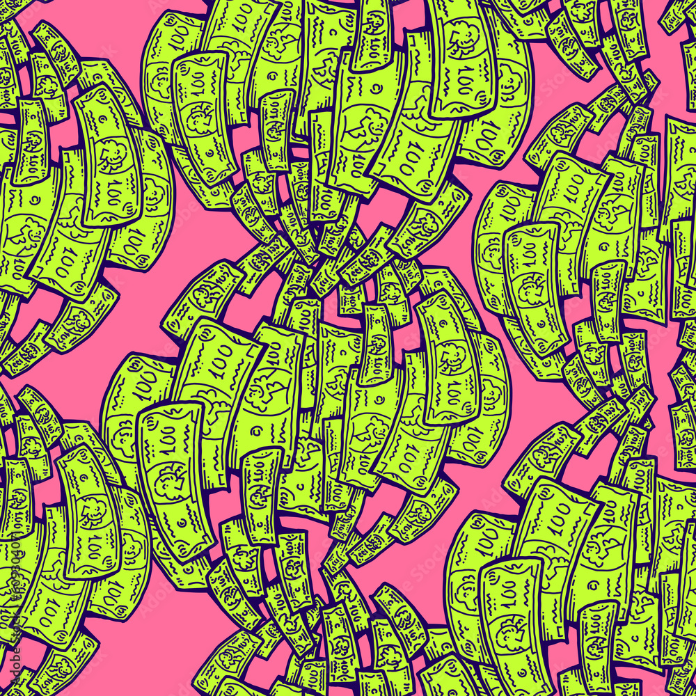 Money seamless pattern background for print design. Hundred dollars banknotes, a lot of cash for finance. economy, business theme for success. Hand drawn line illustration, cartoon style drawing. Money seamless pattern background for print design. Hundred dollars banknotes, a lot of cash for finance. economy, business theme for success. Hand drawn line illustration, cartoon style drawing.