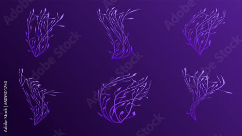 Neon Tropic Leaves Set, Vector Tropical Summer Leaf, vibrant purple template, Disco beach holidays elements collection, fluorescent colors design, paradise party illustration