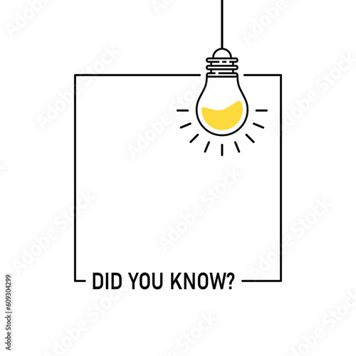 did you know like hanging bulb in frame. outline flat simple trend modern graphic linear web banner design element isolated on white. concept of easy recipe or think outside box or importance facts
