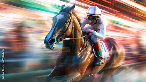 Horse racing as a jockey and their racing horse gallop towards victory. The racetrack is a blur of speed and energy as the duo races against time, Generative AI