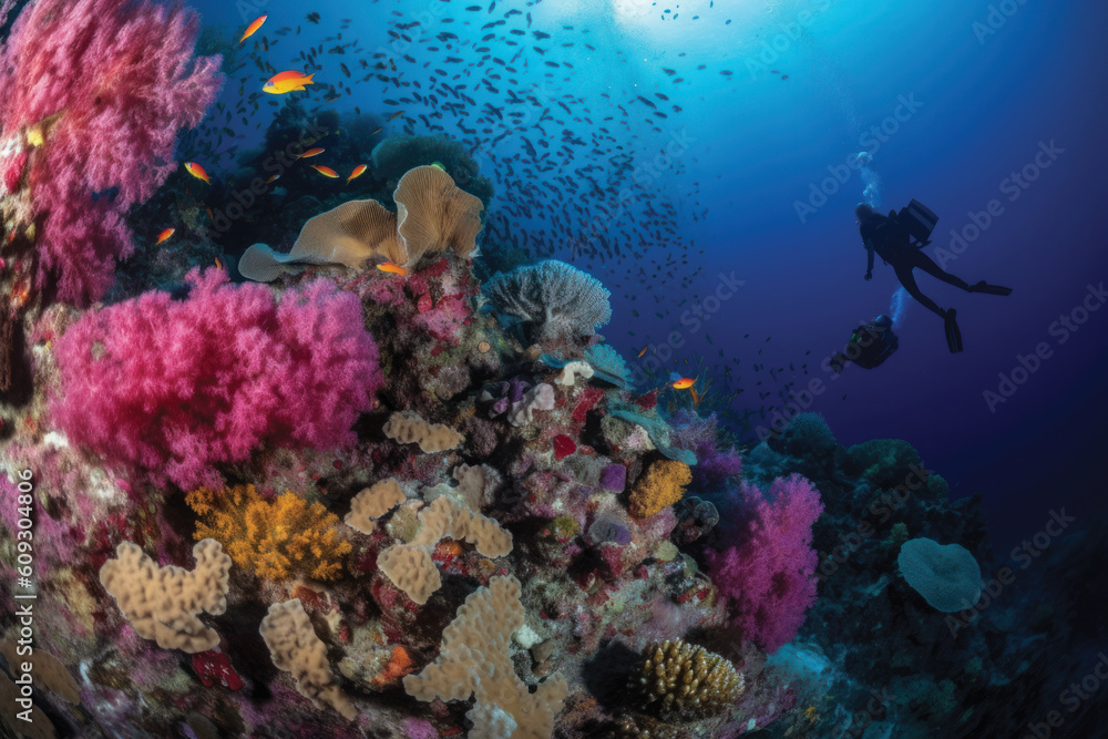 Two scuba divers diving in front of colorful and coral reef