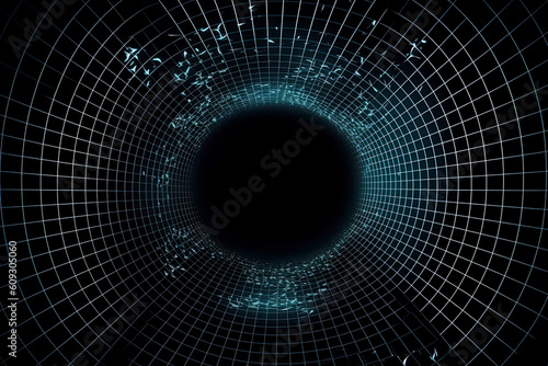 Fototapeta Naklejka Na Ścianę i Meble -  Futuristic abstract frame tunnel. 3D hole grid background. For website and banner design. Big data visualization.AI Generative