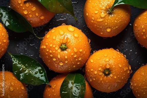 fresh oranges in a market with drops
