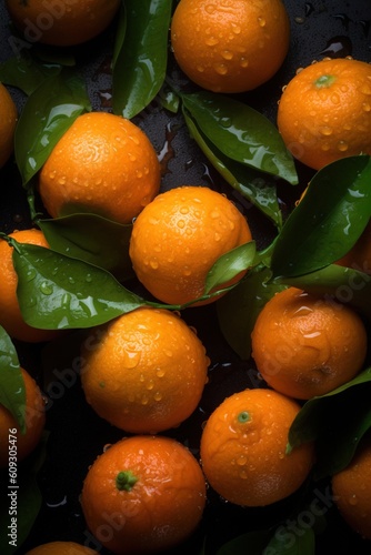 fresh oranges in a market with drops