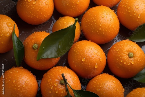 fresh oranges in a market with drops