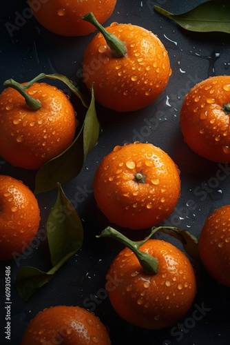 fresh oranges in a market with drops
