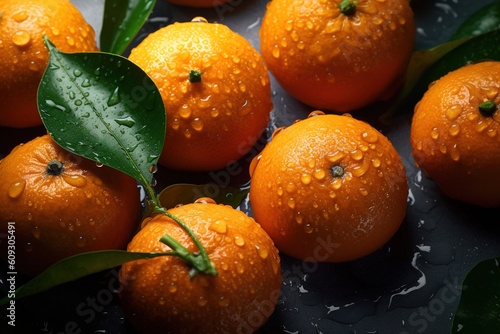 fresh oranges in a market with drops