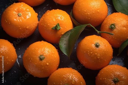 fresh oranges in a market with drops