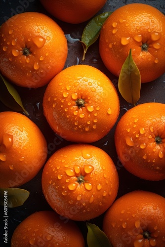 fresh oranges in a market with drops