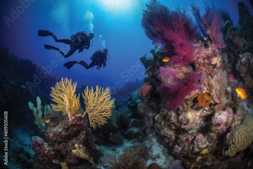 Two scuba divers diving in front of colorful and coral reef