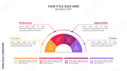 Half Circle SWOT Analysis 4-step Infographics Diagram with Editable Text and 16:9 Layout for Business Presentations, Planning, Management, and Evaluation. 