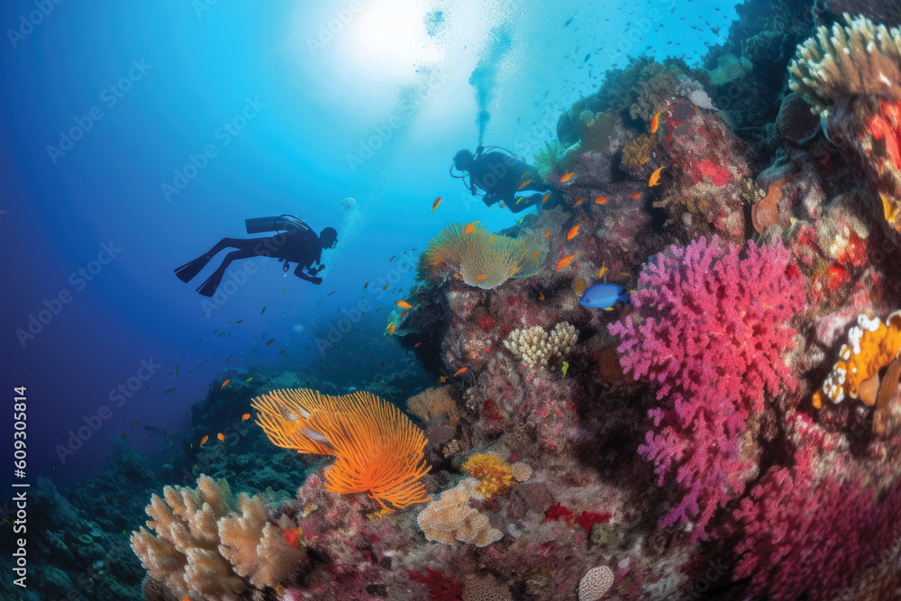 Two scuba divers diving in front of colorful and coral reef Two scuba divers diving in front of colorful and coral reef