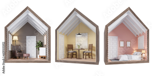 Fototapeta Naklejka Na Ścianę i Meble -  Section of colorful small house interior 3d render illustration isolated on transparent background