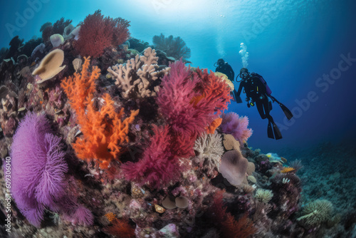 Two scuba divers diving in front of colorful and coral reef