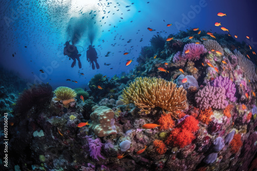Two scuba divers diving in front of colorful and coral reef