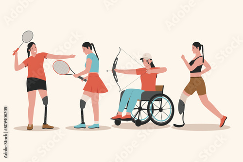 Flat vector from disabled female athlete collection. Illustration for website, landing page, mobile app, poster and banner. Trendy flat vector illustration