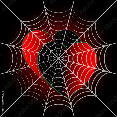 Abstract background illustration of spider web and two red and black hearts on isolated black background.