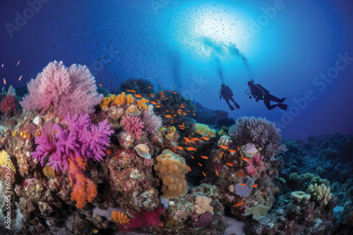 Two scuba divers diving in front of colorful and coral reef