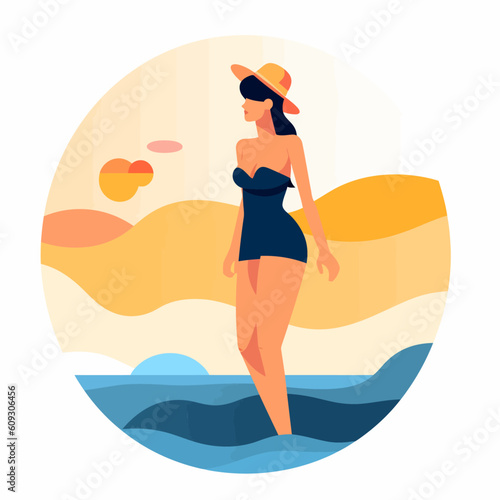 Woman in swimwear on a beach at sunrise vector illustration flat minimalistic style
