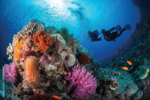 Two scuba divers diving in front of colorful and coral reef